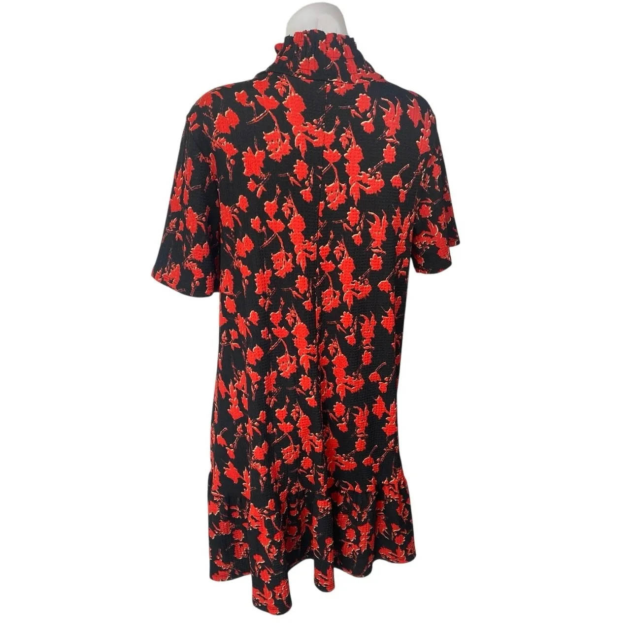 Zara Black Red Floral Short Sleeve Ruffle Turtleneck Mini Shift Dress Size M - Image 2