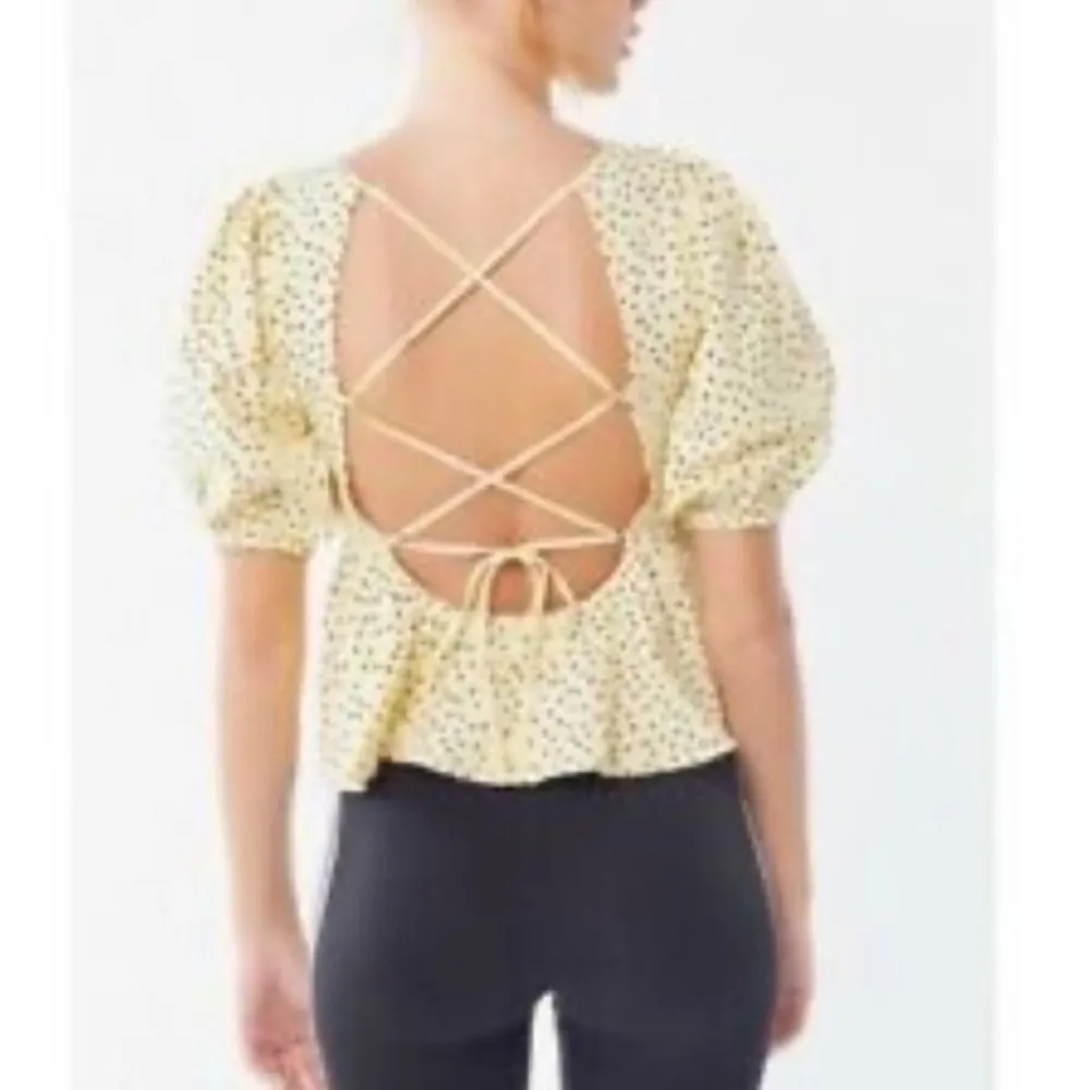 Urban Outfitters Pale Yellow Polka Dot Tie Open Back Peplum Top Large - Image 2