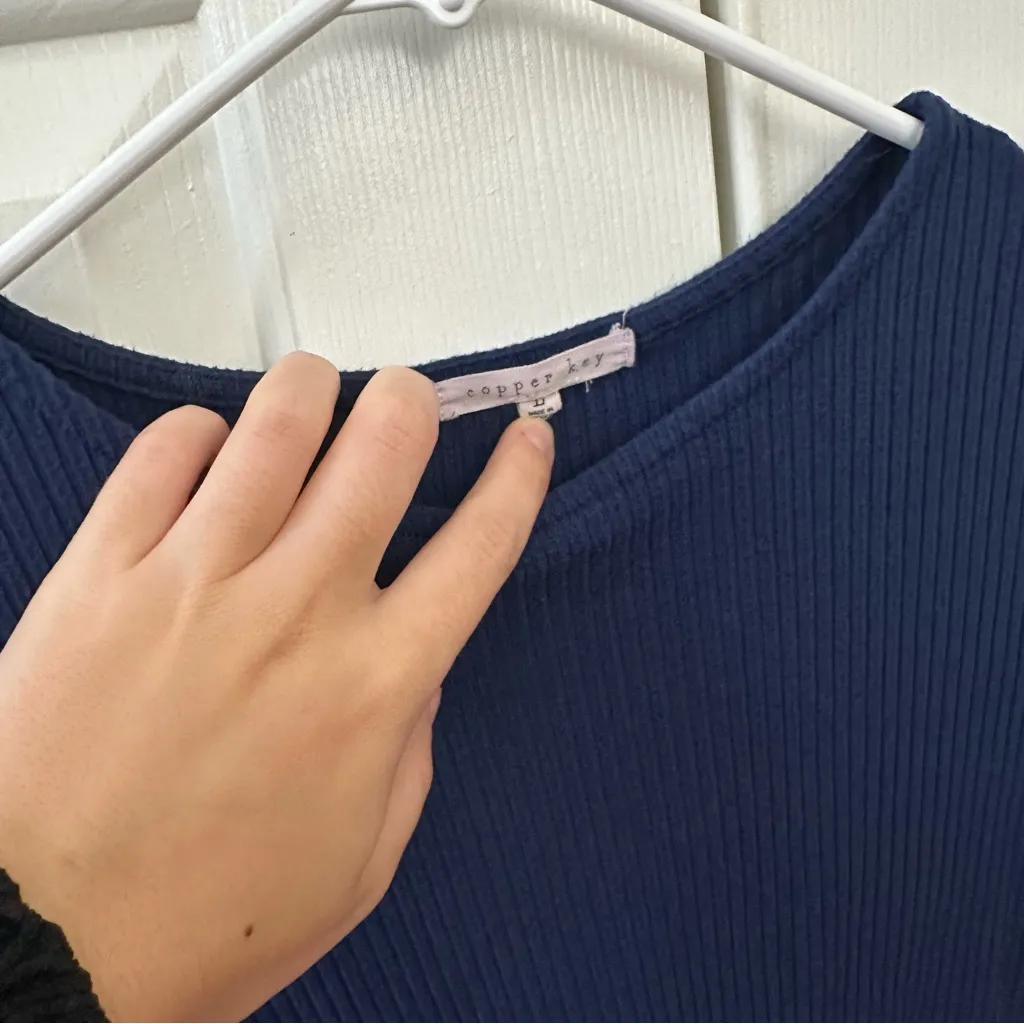 Copper Key Dark Blue Ribbed Tie-Front Cropped Tee - Image 3