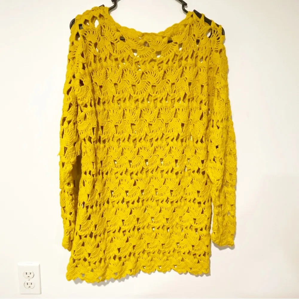 FREE PEOPLE LITTLE FAN CROCHET SWEATER MINI DRESS YELLOW TUNIC SIZE XS - Image 5