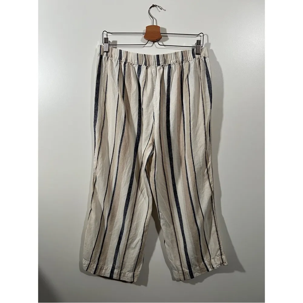 New Directions Striped Linen Pants Size Medium Cream and Gray Cropped Wide Leg - Image 4