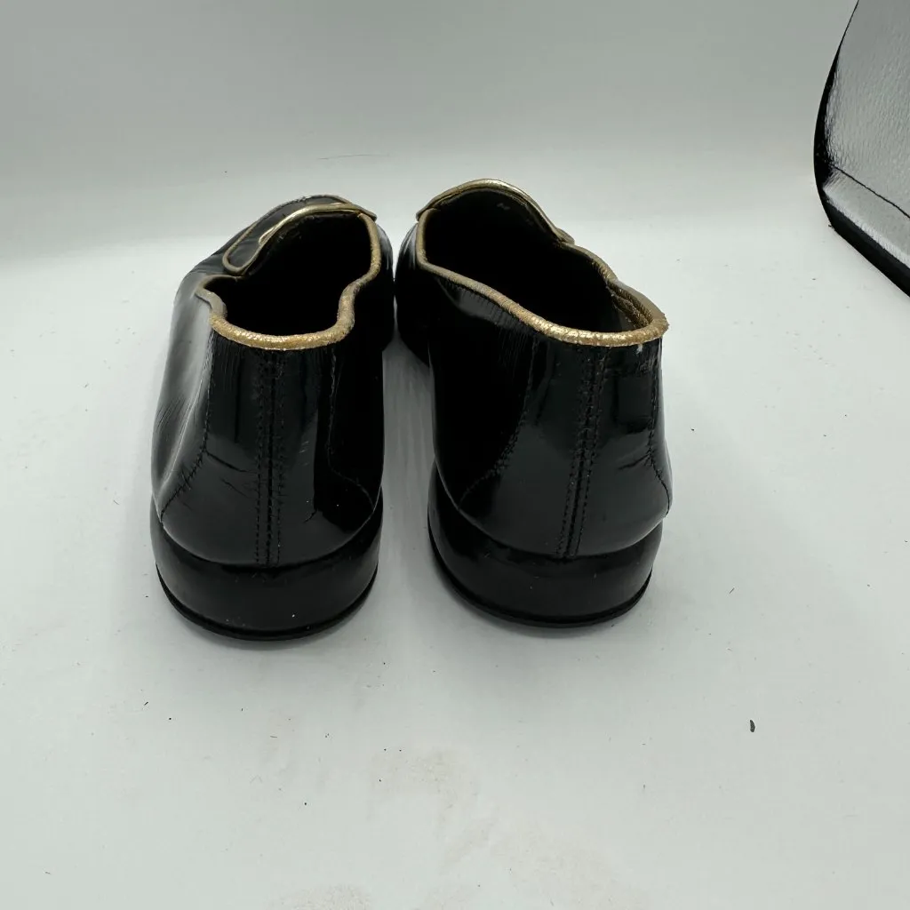 Belgian Shoes Midinette Loafers Black Patent Leather Gold Trim Bow M 5 (4287) - Image 5