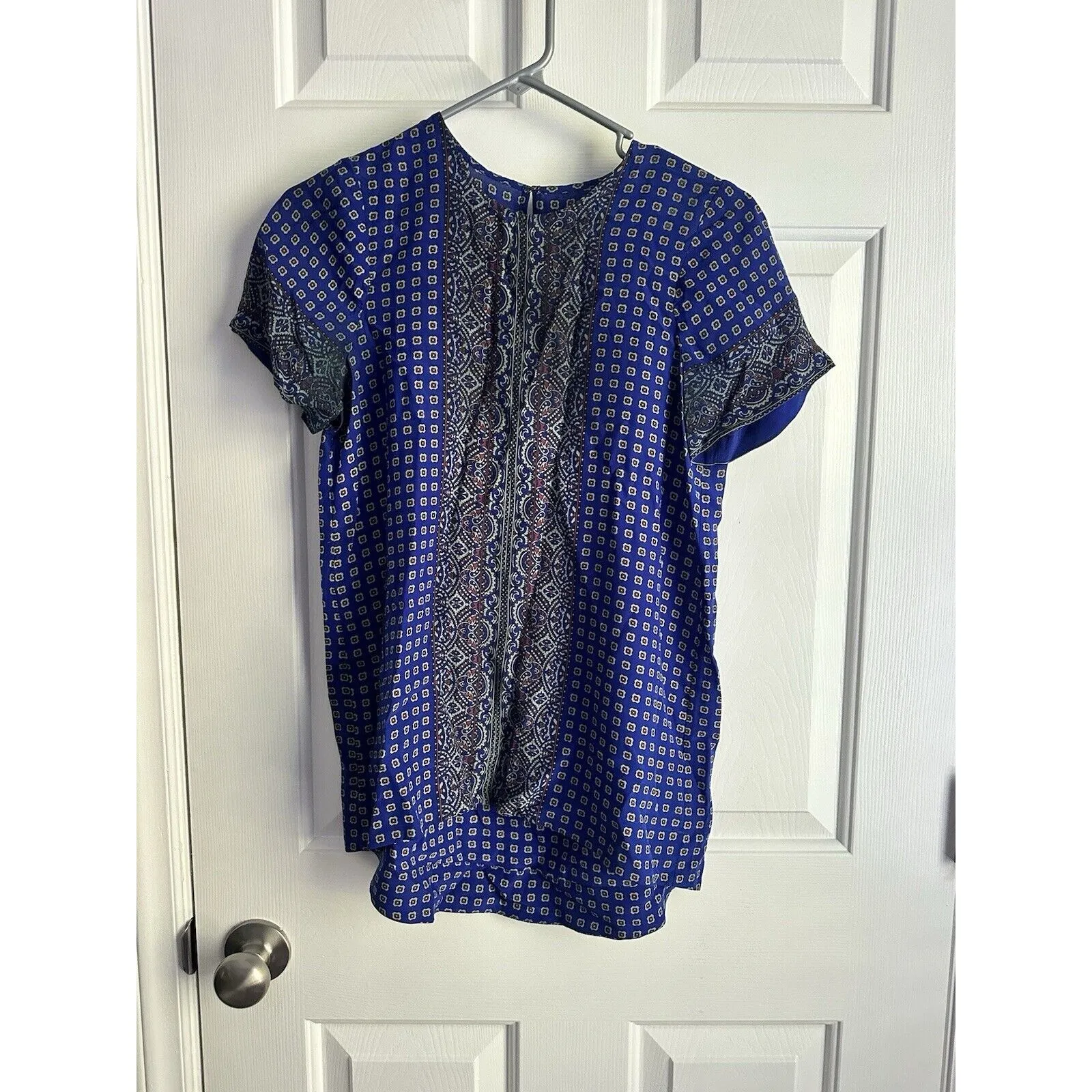 Madewell Size XS 100% Silk Top Blue Geometric Paisley Short Sleeve Blouse - Image 3