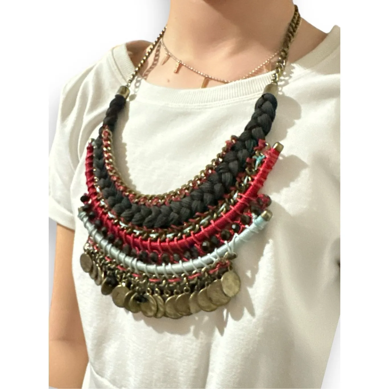 Women’s Chunky Tiered Braided Dangle Adjustable Chain Necklace Boho Navajo Weste Black - Image 4