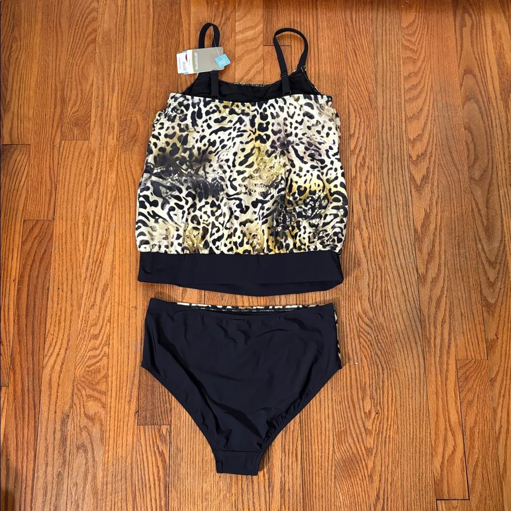 Amoena Nauru Animal Print Pocketed Blouson Top Bikini Bottom size 8 cup B NWT Black - Image 3
