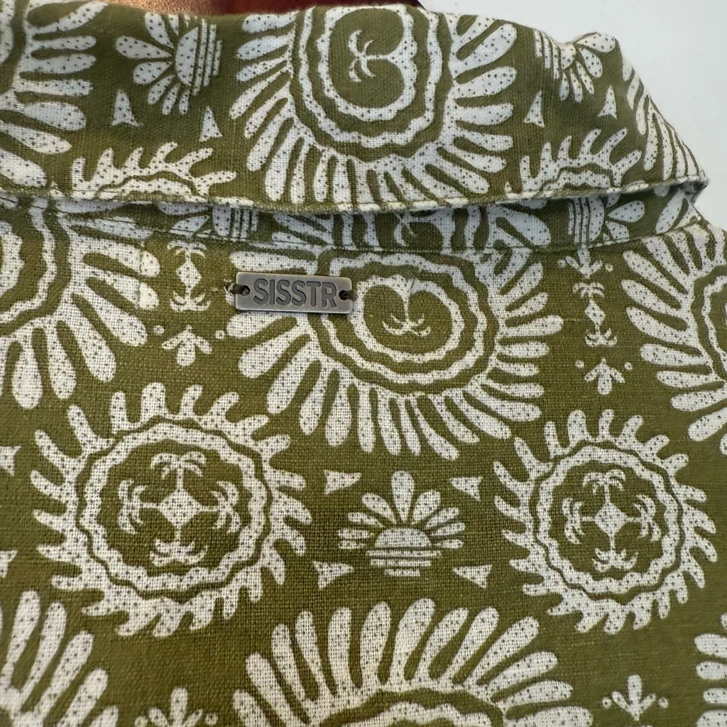 Sisstrevolution Chic Olive Green Patterned Button Down Shirt Size L - Image 7