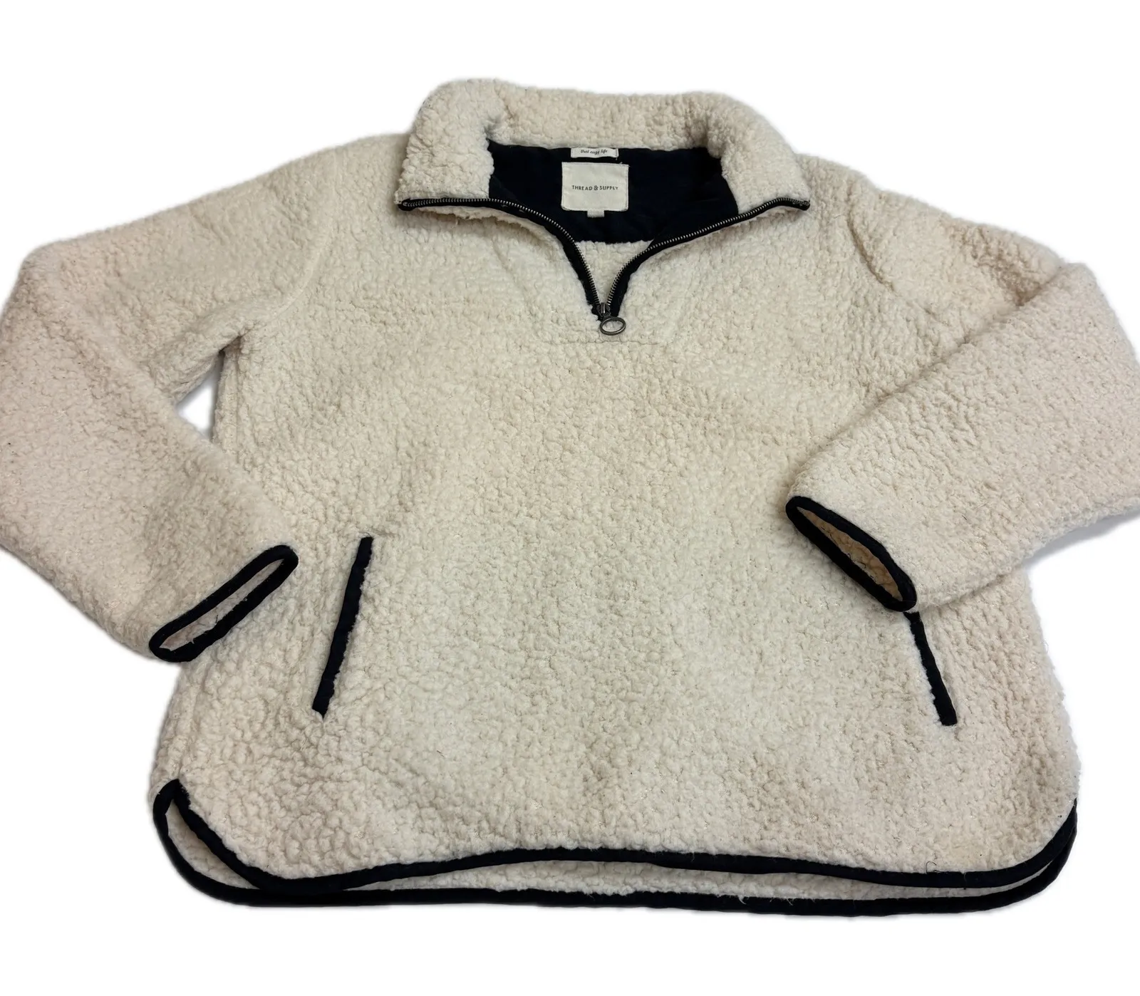 Thread & Supply Pullover Womens Large Cream Sherpa Fleece 1/4 Zip Sweatshirt Black - Image 1