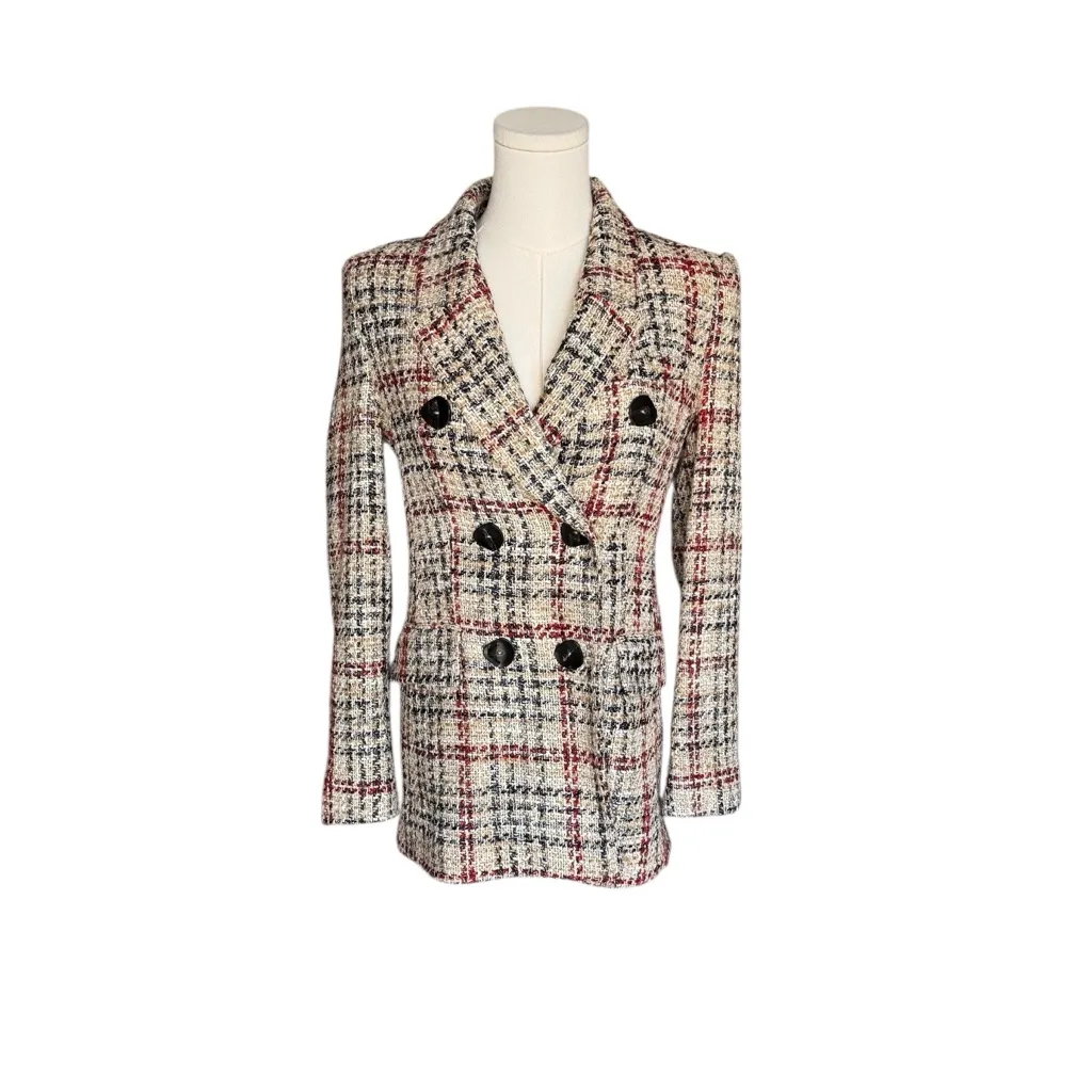 Zara - Textured Plaid Double-Breasted Blazer Tweed Jacket Sz XS - Image 3