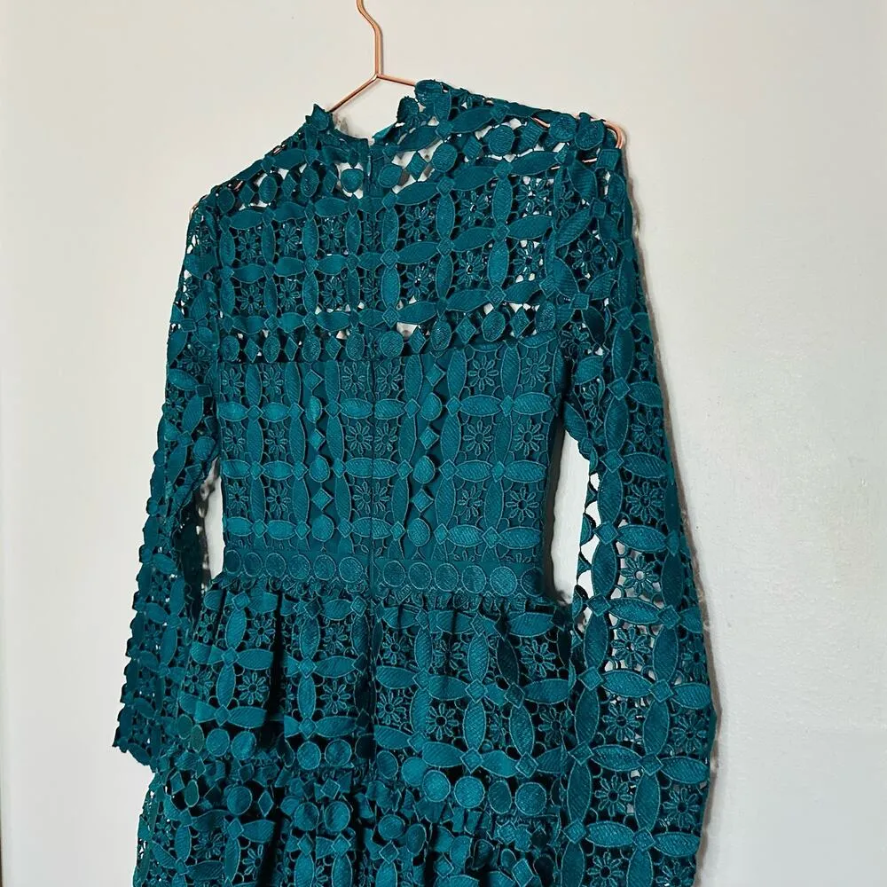 Slate & Willow Women's Teal Full Lace Long Sleeves Full Skirt Mini Dress Size 2 - Image 9