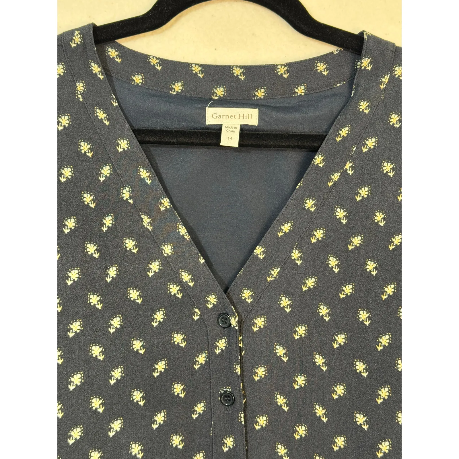 Garnet Hill Navy Blue & Yellow Ditsy Floral Drop Waist Shift Dress Print Size 14 - Image 3