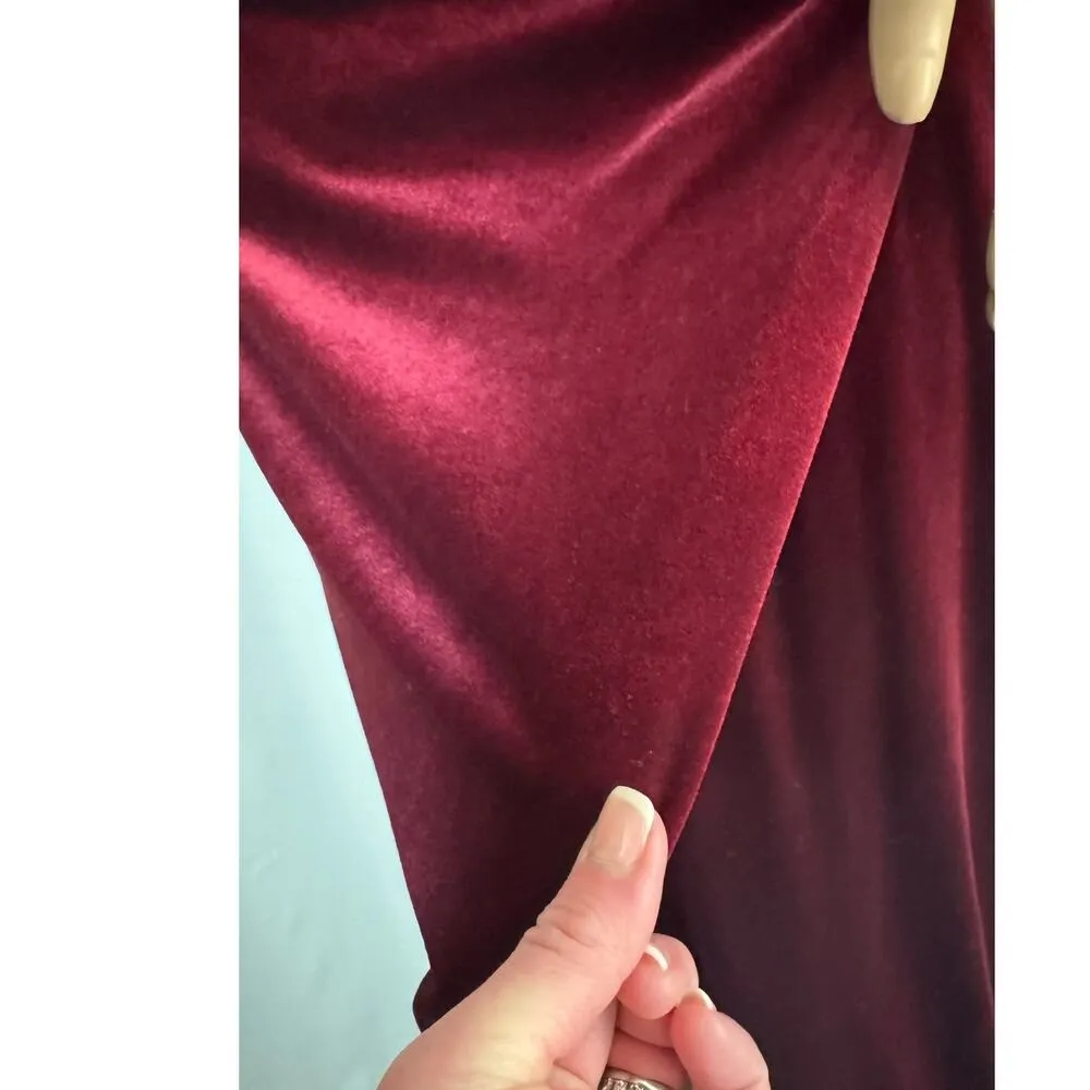 Betsy & Adam draped burgundy velvet gown long side slit 4 - Image 12