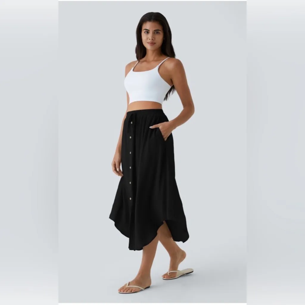 Halara High Waisted Drawstring Pocket Flowy Midi Casual Skirt - Image 4