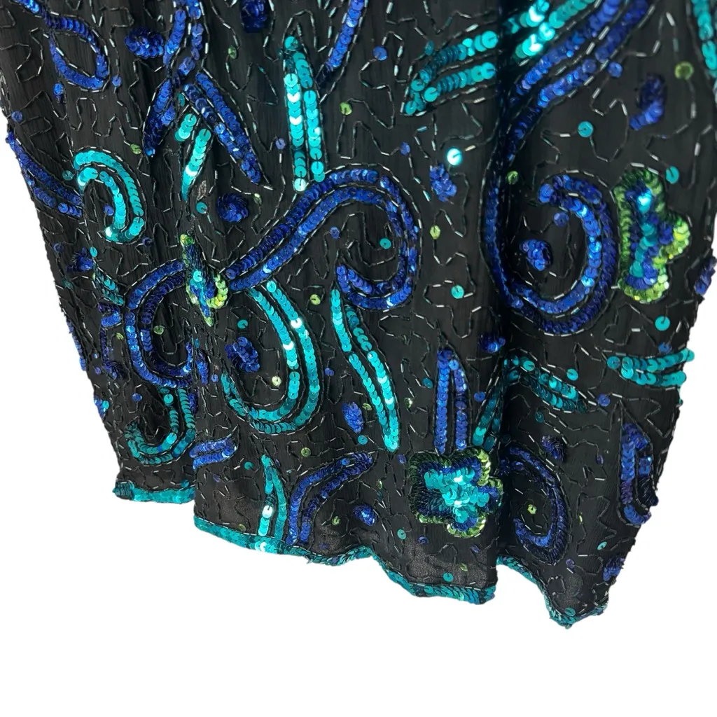 Vintage Stenay Black 100% Silk and Blue Shiny Sequin Party Holiday Dress Size XL - Image 3