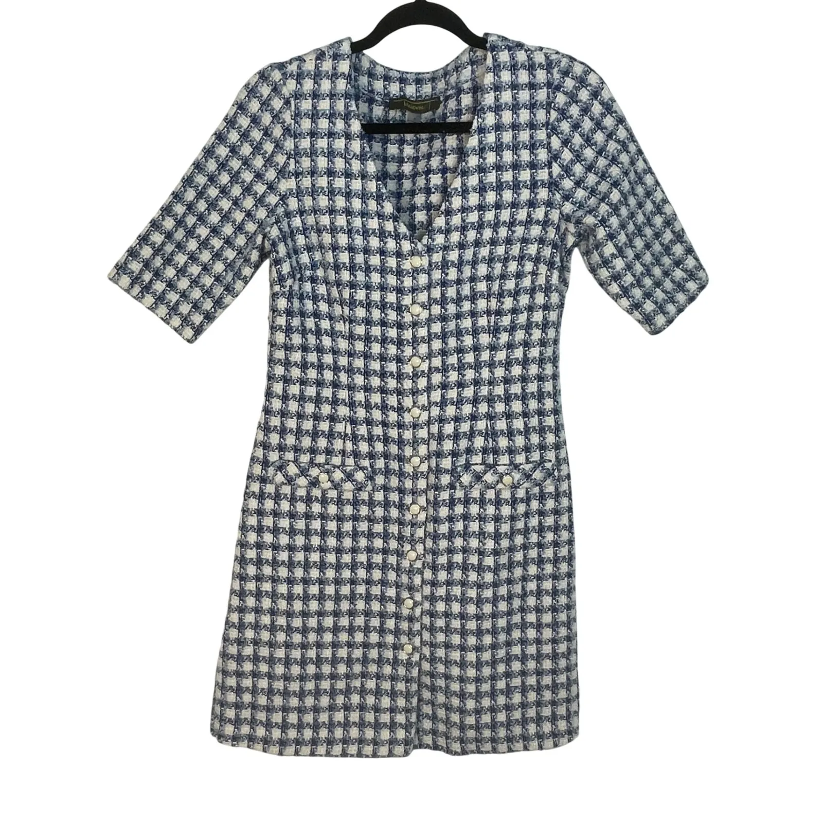 Melonie Women's Blue White Gingham Tweed Button Country Club Preppy Mini Dress 6 - Image 3