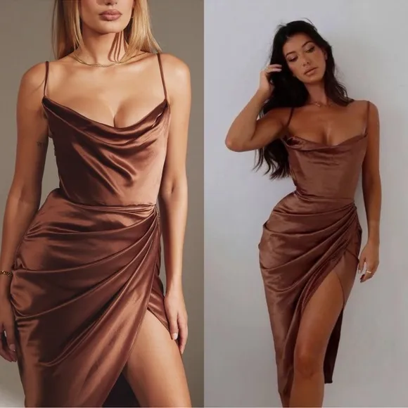 NWOT House of CB Reva Satin Gathered Toffee Brown Corset Dress sz M - Image 2