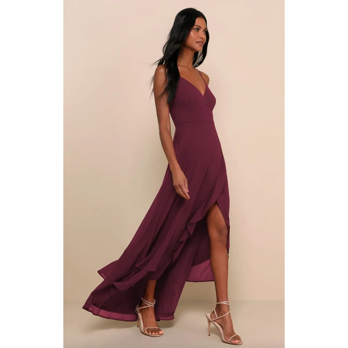 Lulus In Love Forever Plum Lace Up High Low Maxi Dress Ruffle Formal Large NWT - Image 3