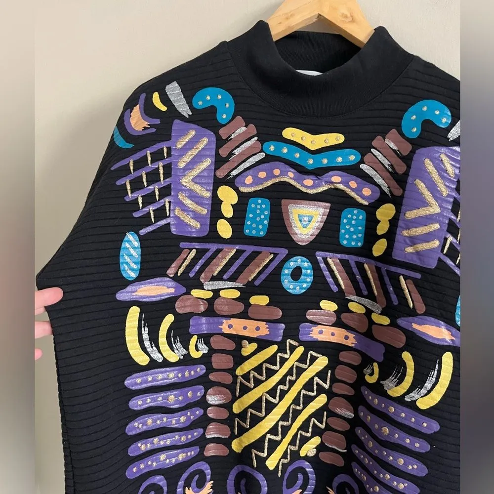 Vintage Adolfo Sport Oversized Tunic Sweatshirt 80s Abstract Painted Black Purple - Image 3