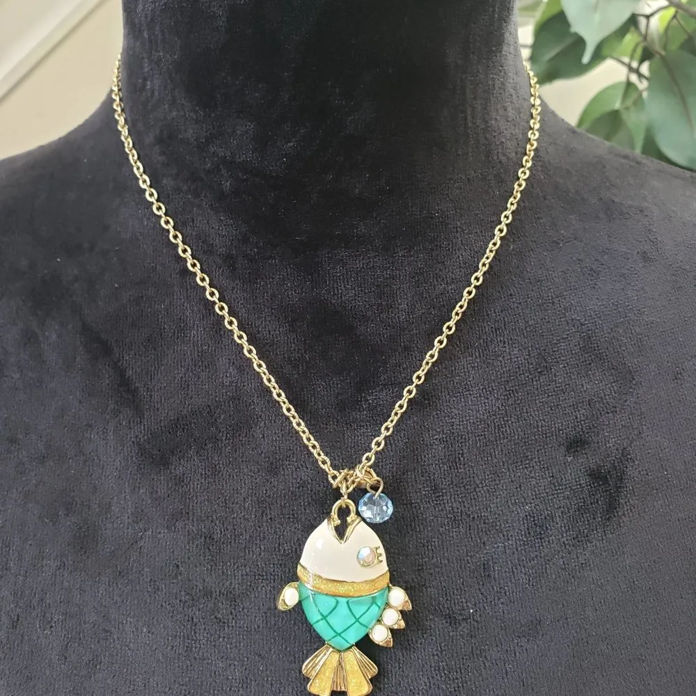 Vintage Betsey Johnson Sea Excursion Fish Necklace Blue Lucite Rhinestone Gold - Image 2