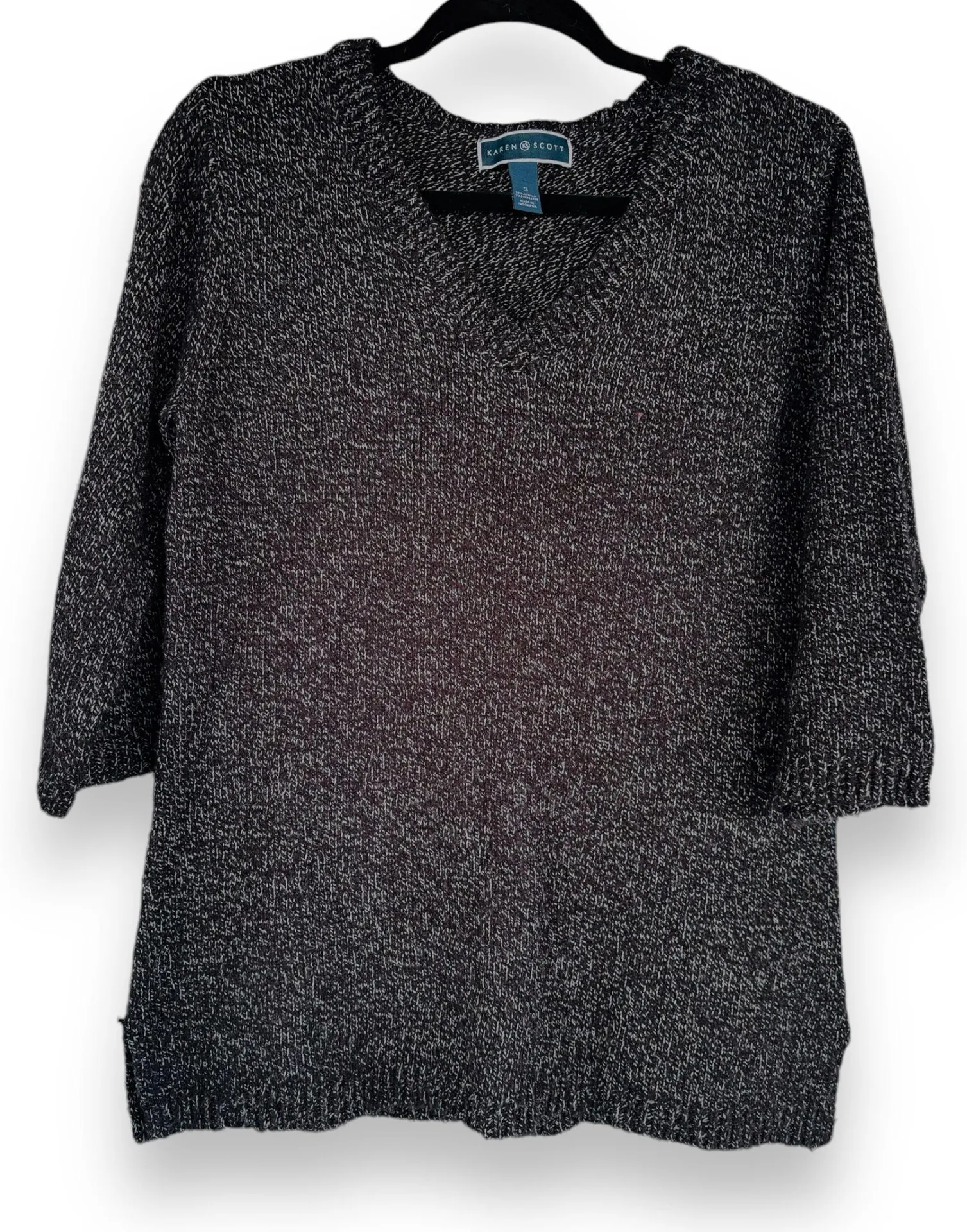 Women’s Small Black Knit V-Neck 3/4 Sleeved Woven Pullover Sweater - Image 2