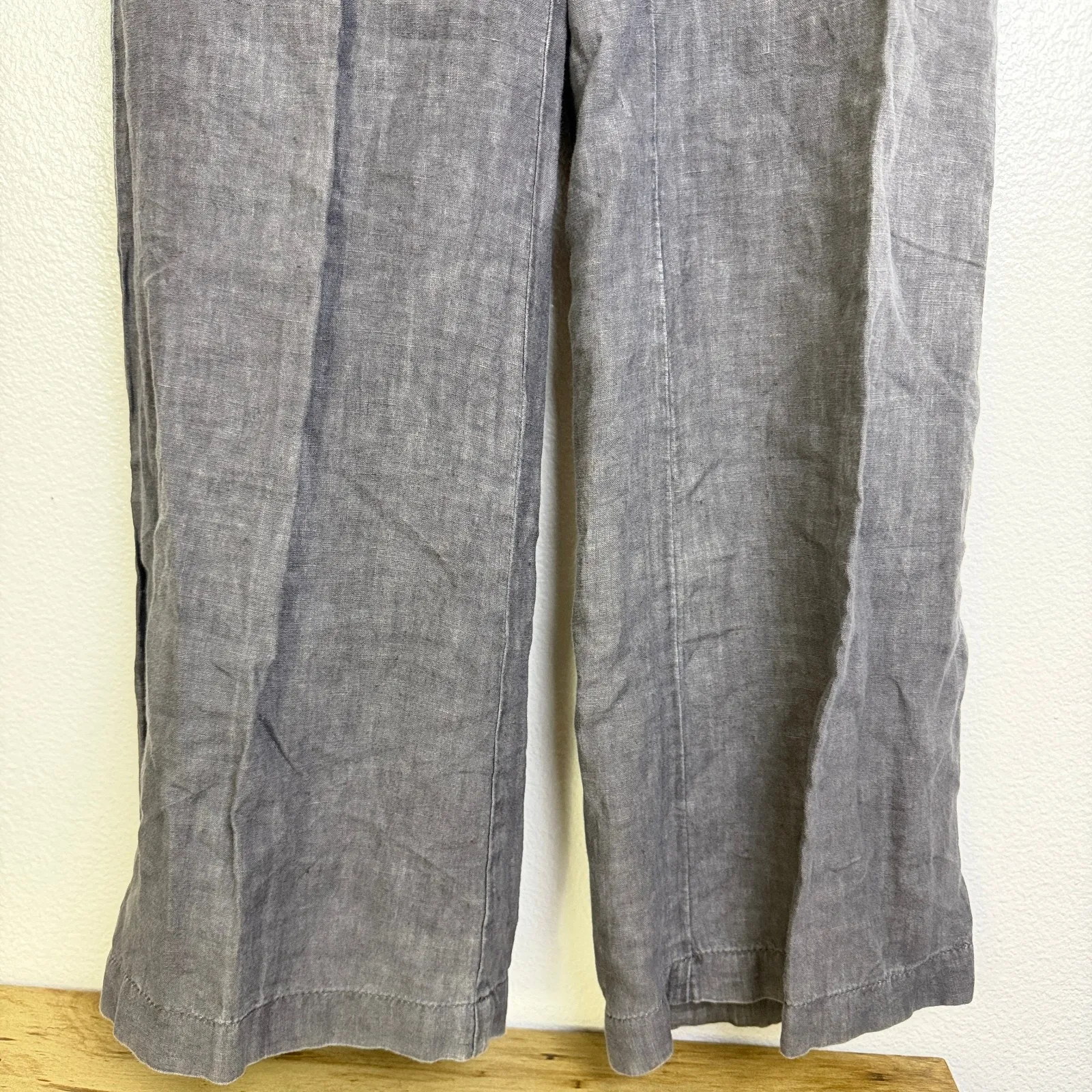 120% Lino Gray Straight Leg Linen Pants Pleated Low Rise Washed Womens EU 40 - Image 5