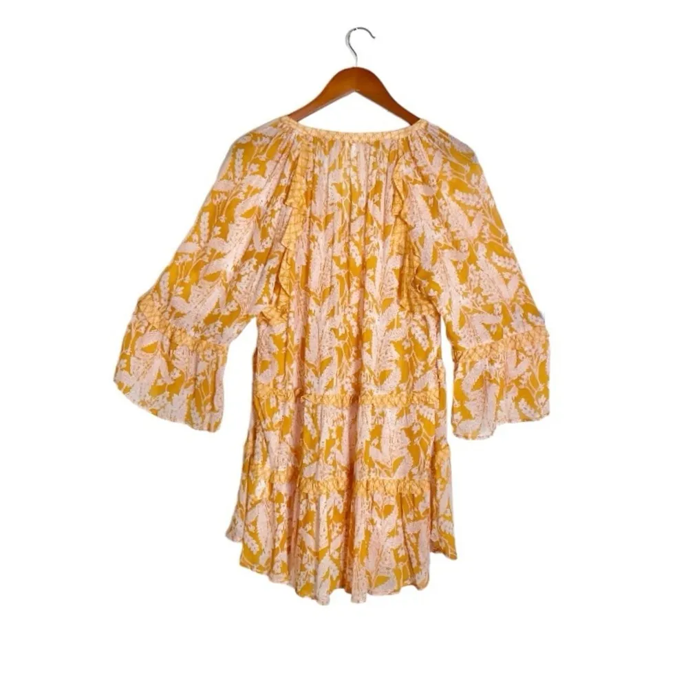 Anthropologie Mia Tiered 3/4 Sleeve Button Front Yellow Floral Ruffled Tunic Top - Image 5