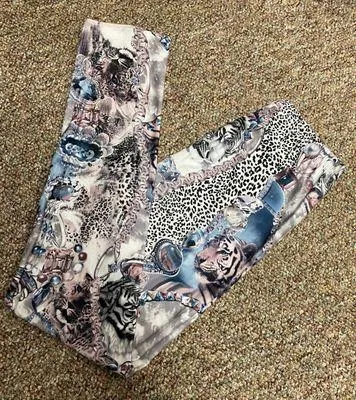 Pink, blue, cream & blk bejewel tiger, leopard leggings. Size medium Multiple - Image 2