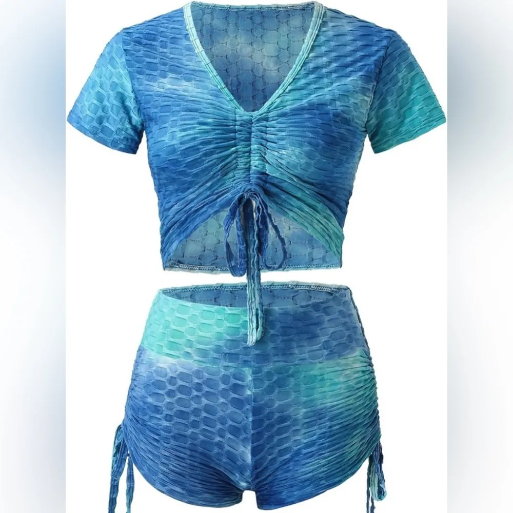 Amazon Yoga Outfits 2 Piece Set Tracksuit Seamless Short Sleeve Crop Workout Leggings - Image 3