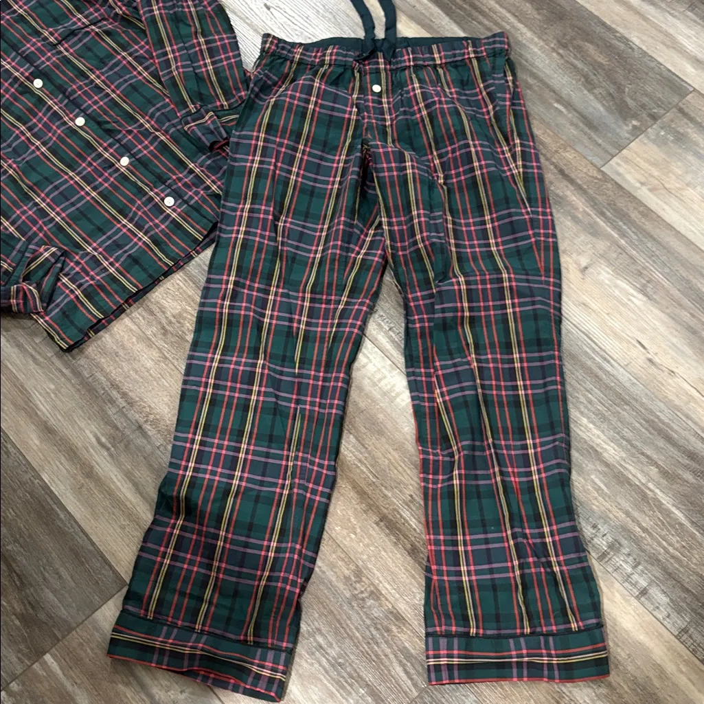 J Crew Womens Green Multi Color Plaid Cotton Pajama Set Size Small Top Pants - Image 3