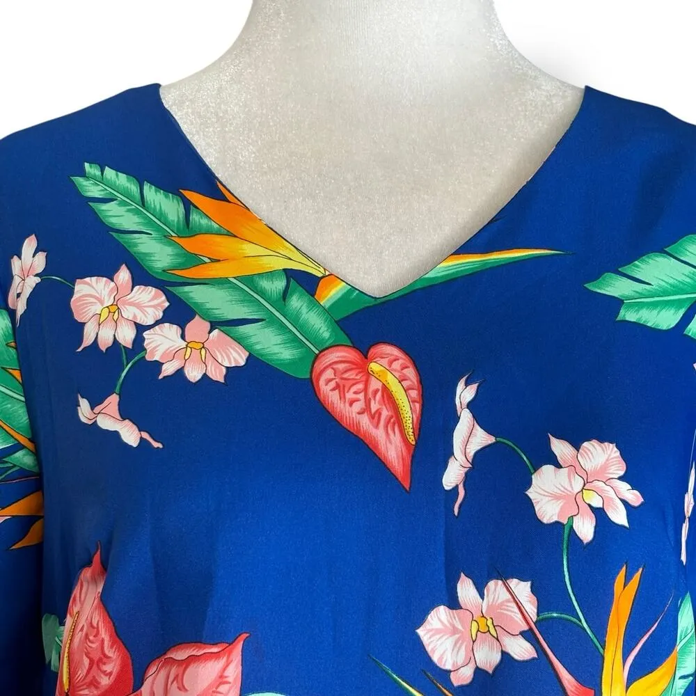 Vintage Made In Hawaii Maxi Dress Blue White Tropical Floral Lace Flutter Sleeve Size M - Image 2