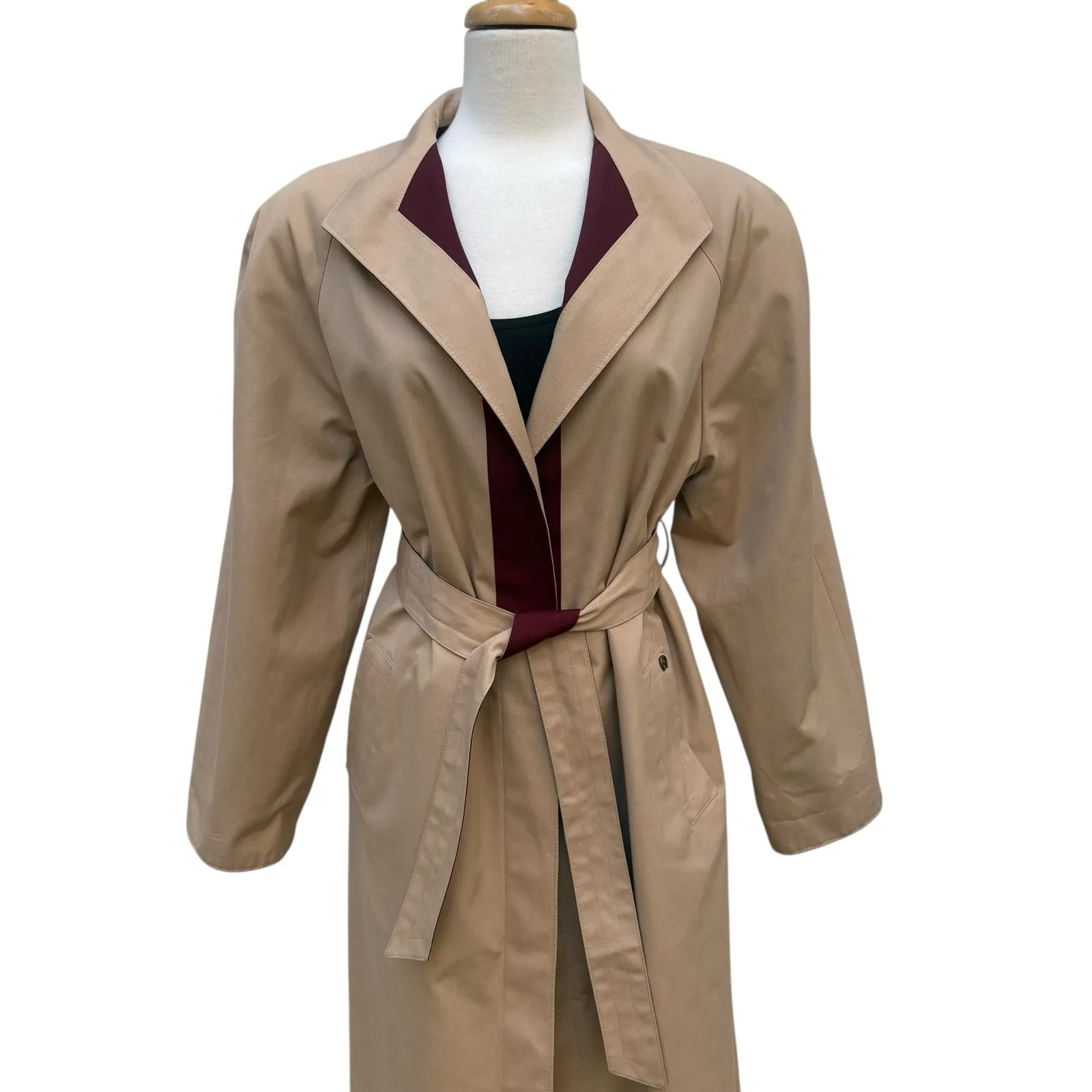 VTG Etienne Aigner Reversible Trench Coat 10P Beige Red Tie Waist Long Length - Image 4