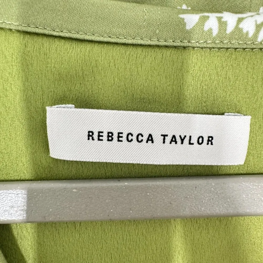Rebecca Taylor Size Medium Green Satin Fleur Fern Floral Blouse Casual‎ Career - Image 9