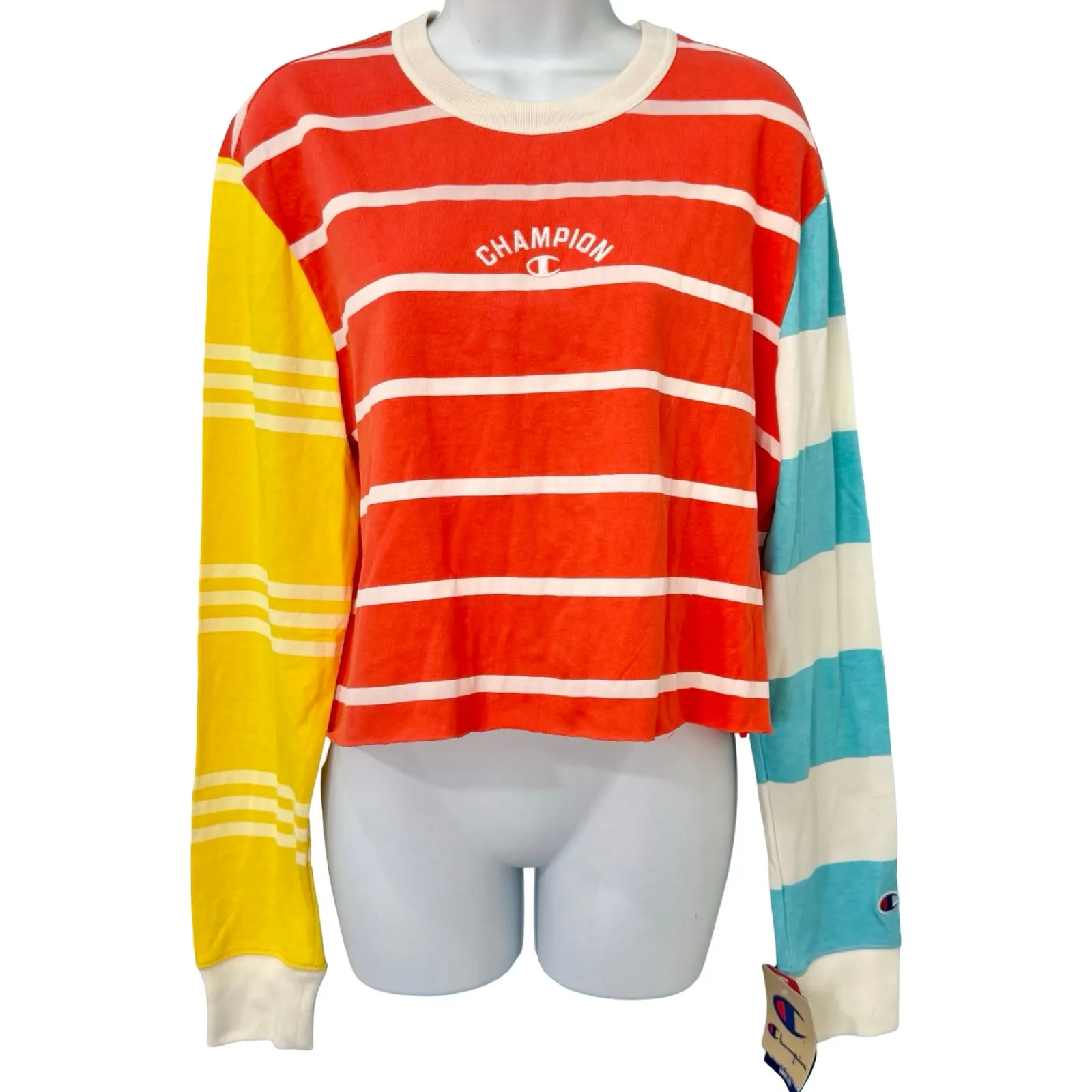 Champion Colorblock Red Yellow Blue Striped Cropped Long Sleeve Tee sz M NEW Tag - Image 4
