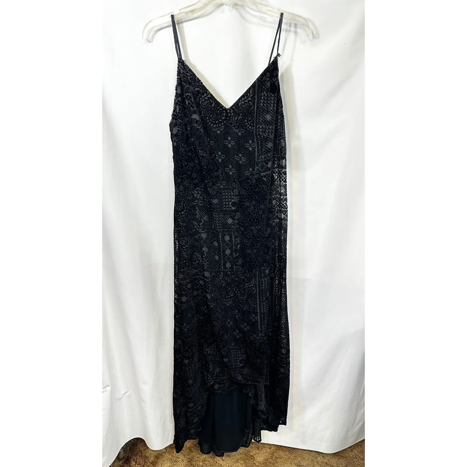 Onyx Nite 6 Dress Black Velvet Burnout‎ Hi Lo Spaghetti 90s Y2K Grunge Goth 1341 - Image 8