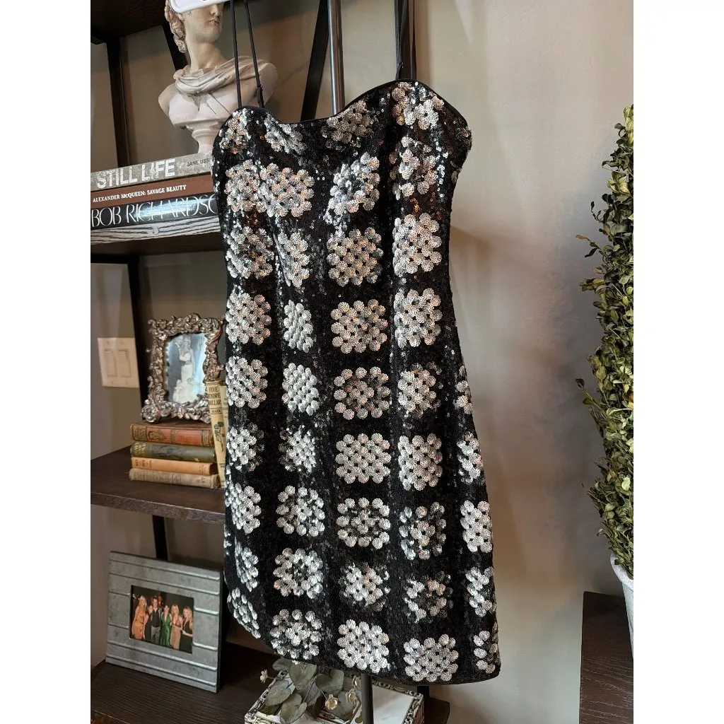 Le Superbe Glamour Granny Squares Sequin Mini Dress Black Womens Size 6 Silver - Image 8