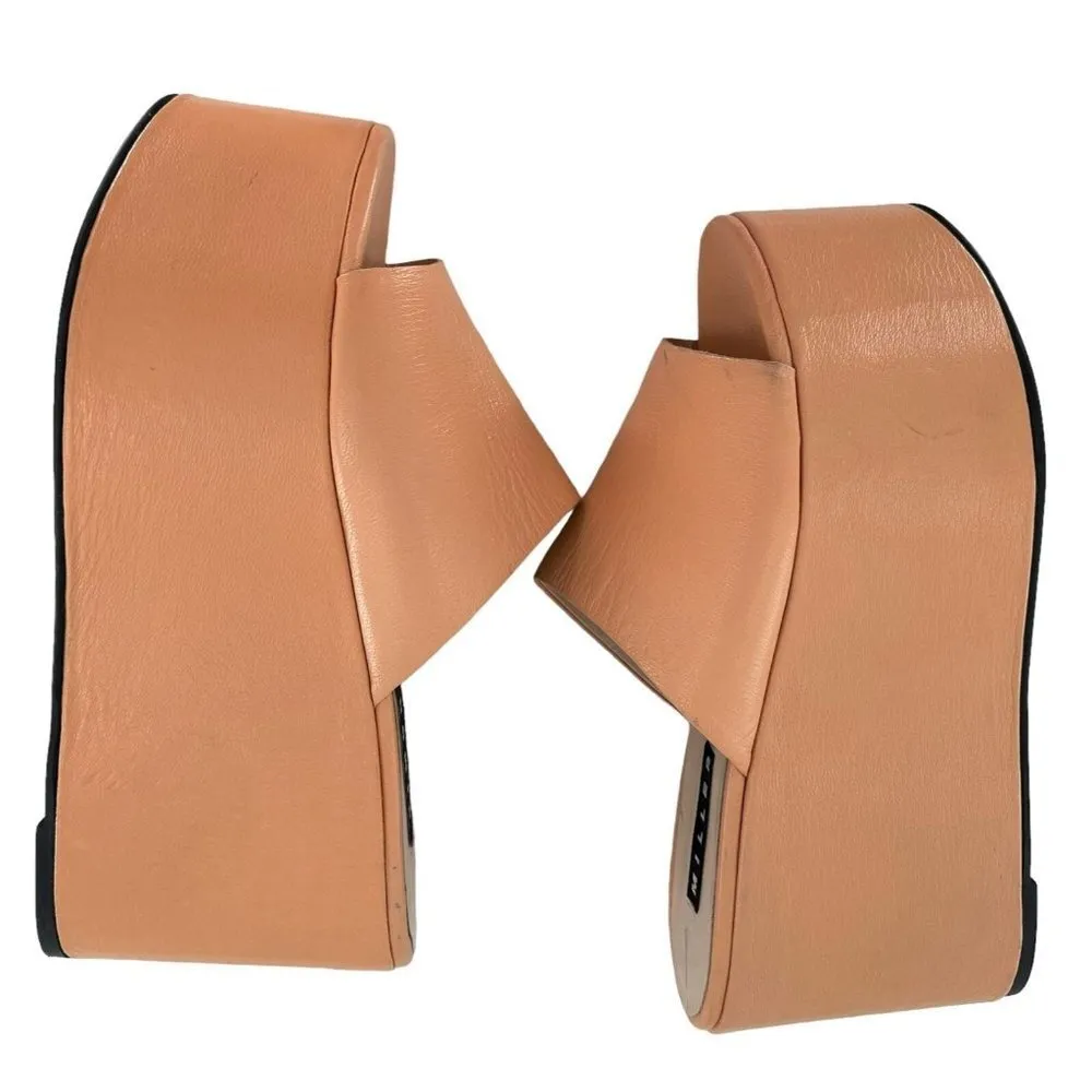 SIMON MILLER Peach Pink Faux Leather Blackout Wedge Sandals Size 43/12 - Image 4