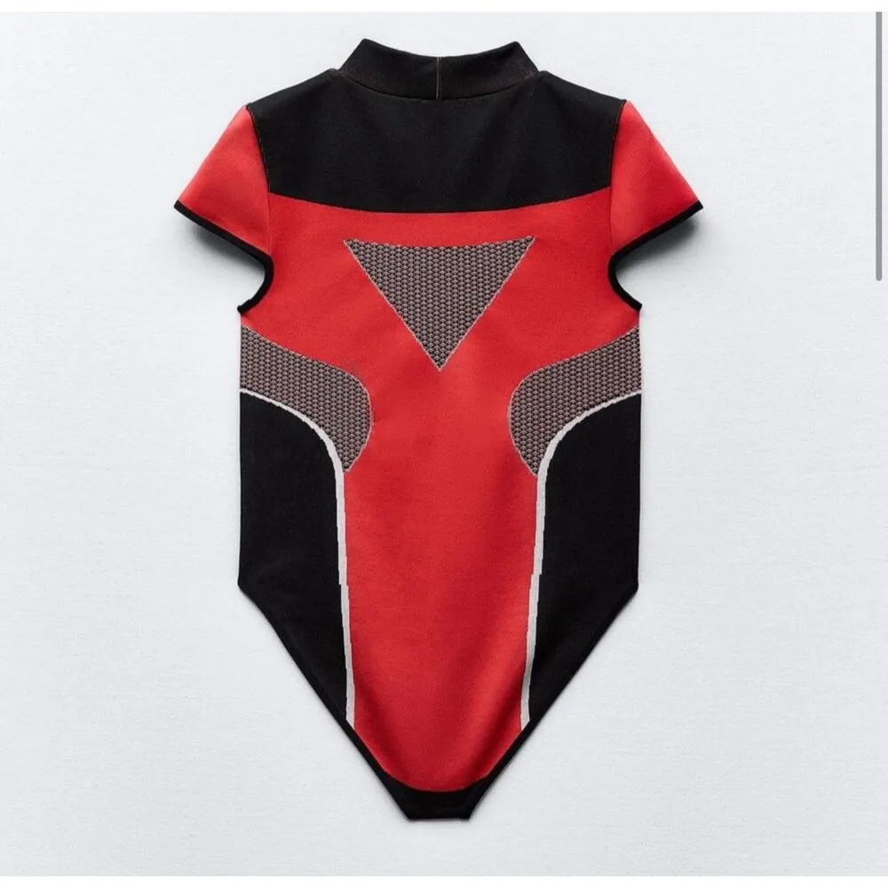 Zara Limitless Contour Collection Red and Black Short Sleeve Bodysuit Top XS-S - Image 9