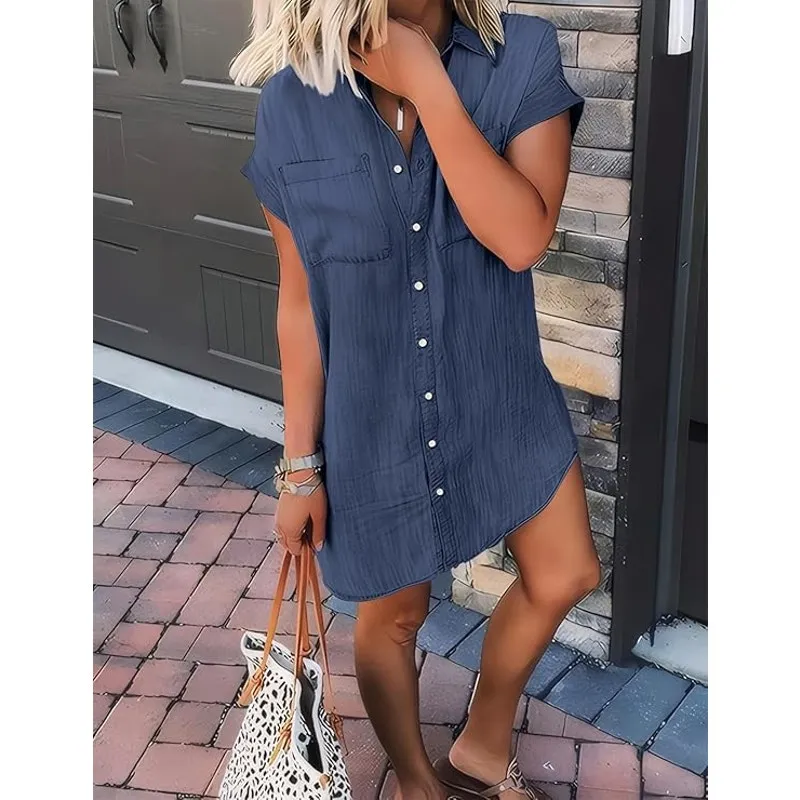 NWT ~ Women's Denim Look Casual Mini Cotton Blend Short Shirt Dress ~ MEDIUM Blue - Image 3