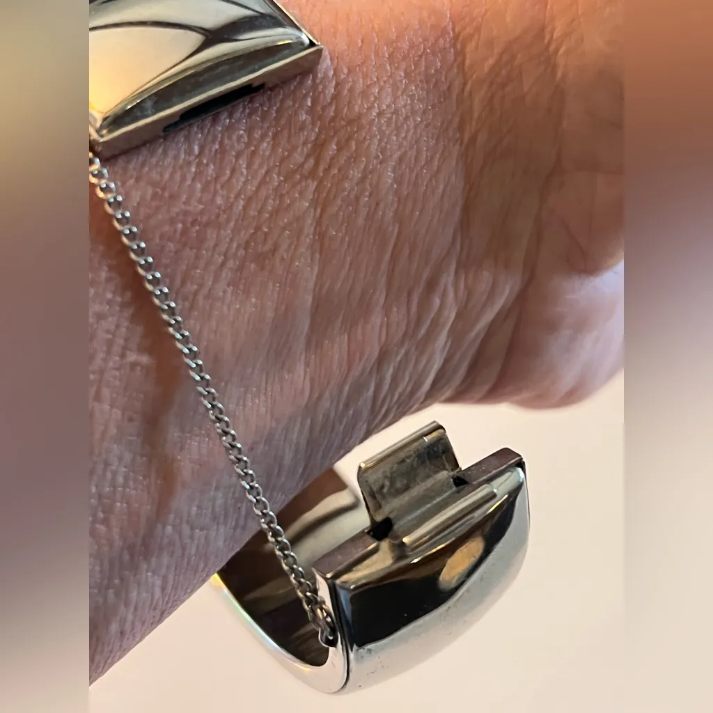 Vintage Silver Hinged Bangle Bracelet silver tone with chain chunky classic - Image 9