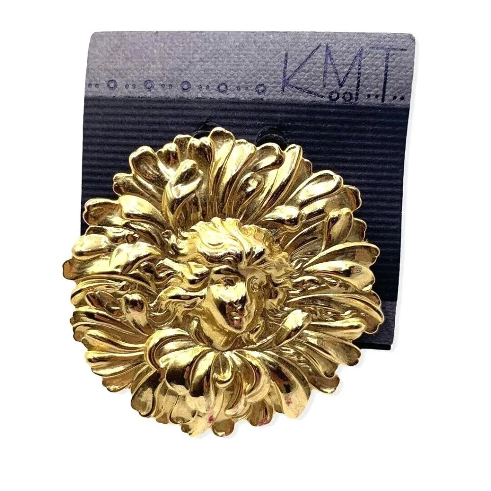 Vintage Chrysanthemum Lady Art Nouveau Gold Tone Face Circle Flower Pin Brooch - Image 5