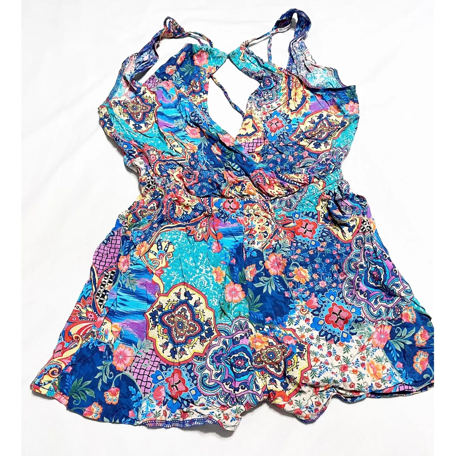 Luli Fama‎ Womens XS Floral Paisley Tropical Print Plunge V Neck Senorita Romper - Image 8