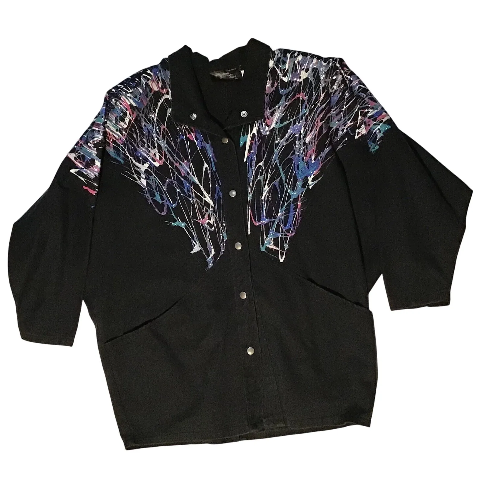 VTG Black Denim Jacket USA Made Splatter Painted Deigns By Create A Sweet Inc M Size M - Image 1