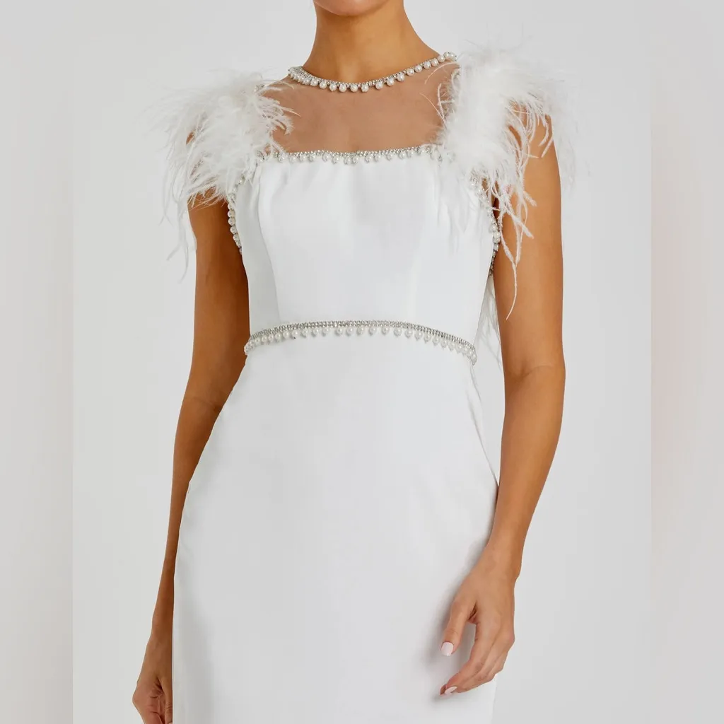 Mac Duggal White Feather Cap Sleeve Pearl Embellished Tea-length Fit Dress - Image 2