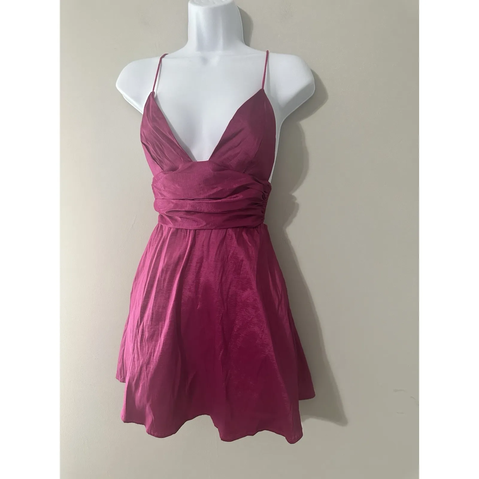 Lucy in the Sky Fuchsia Pink Plunging Tie-Back Ruched Mini Dress Skater Size S - Image 2