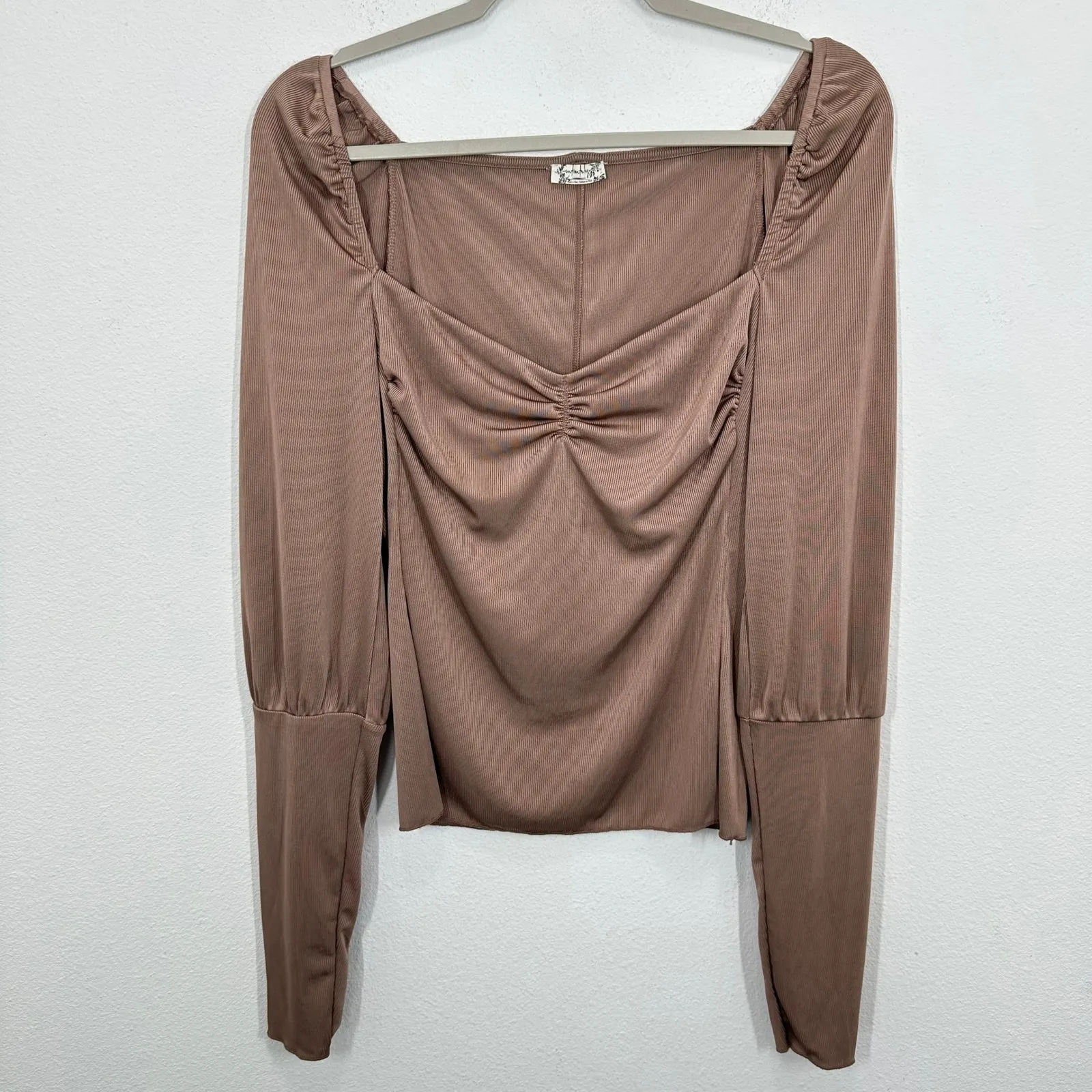 Intimately Free People Size Large Ciao Bella Long Sleeve Ruched Top Brown Ribbed - Image 2