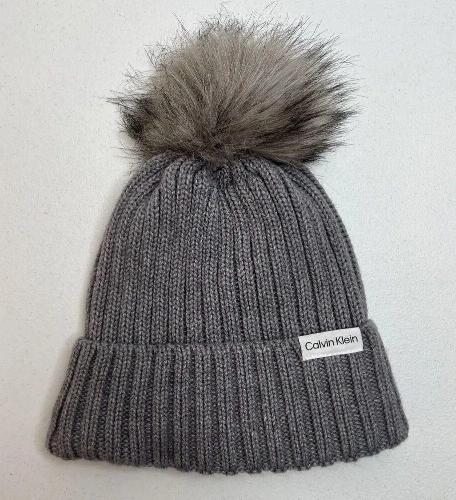CK Calvin Klein Grey Rib Knit Winter Beanie Faux Fur Pom Pom Hat - Image 5