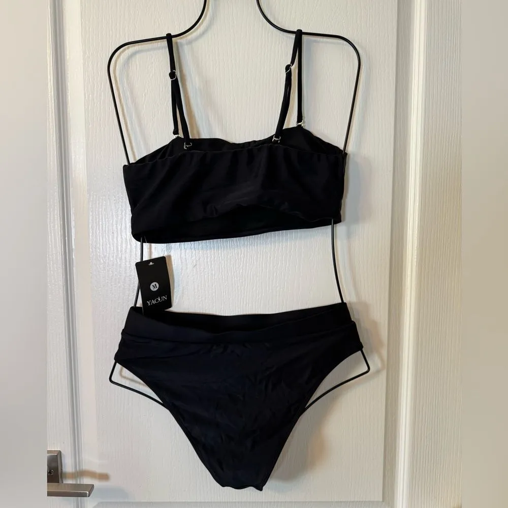 YACUN Women's High Waisted Bikini Swimsuit Strapless Bandeau Cheeky Black M NWT Size M - Image 5