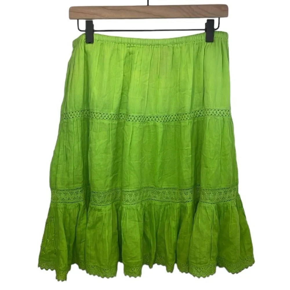 KommotionNY Boho Pull On Tiered embellished Crochet detailed green skirt Large - Image 2