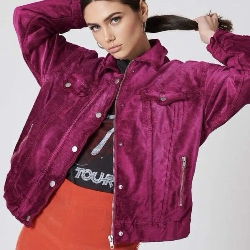 Free People Fuchsia Pink Luxe Velvet Trucker Jacket Oversized Women’s Size XS/S - Image 13