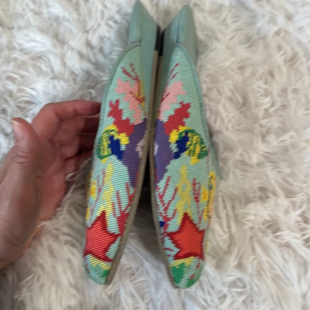 Vintage elizabeth turner embroidered tropical print mules size 7 Green - Image 4