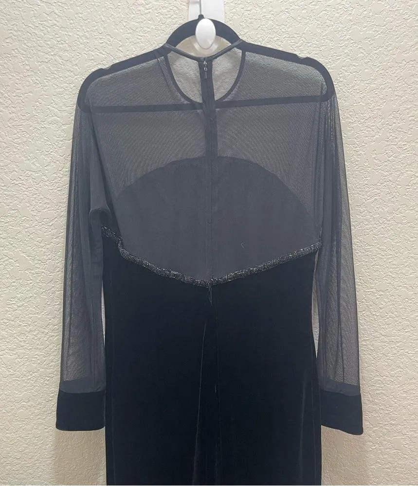 Vtg 90s Rimini Black Velvet Illusion Neckline Mesh Long Sleeve Gown‎ Dress Sz 14 - Image 6